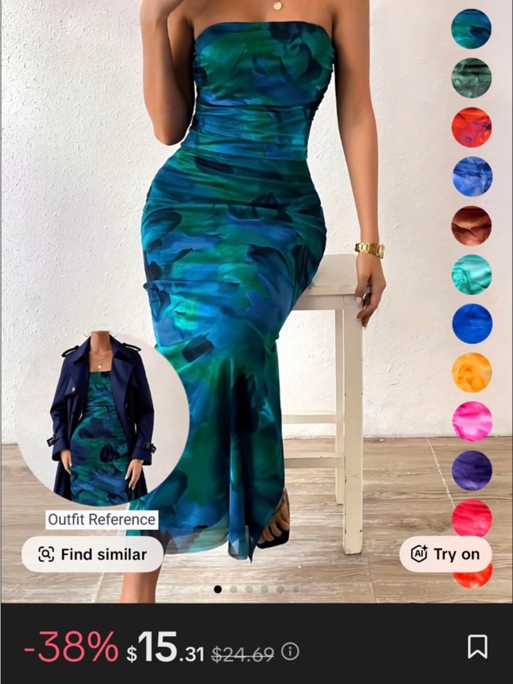 Strapless Blue-Green Marble Maxi Dress